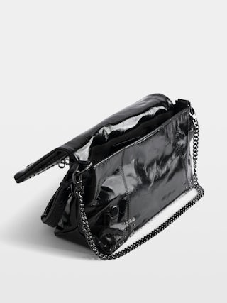 Rocky II Vintage Patent Studs Bag - Vintage patent leather bag with studs and shoulder strap, featuring signature chain and rhinestone-embellished wings.