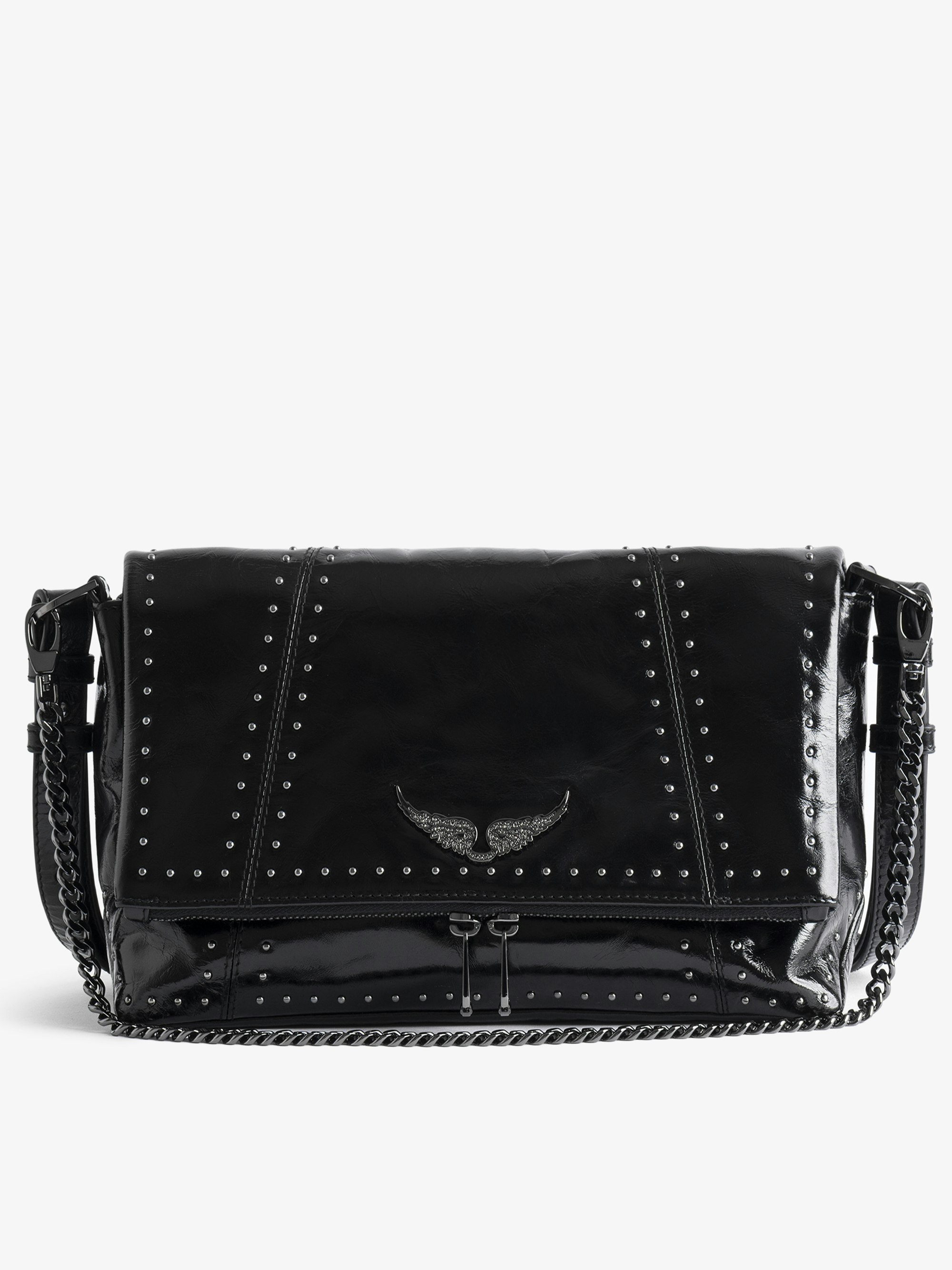 Rocky II Vintage Patent Studs Bag - Vintage patent leather bag with studs and shoulder strap, featuring signature chain and rhinestone-embellished wings.