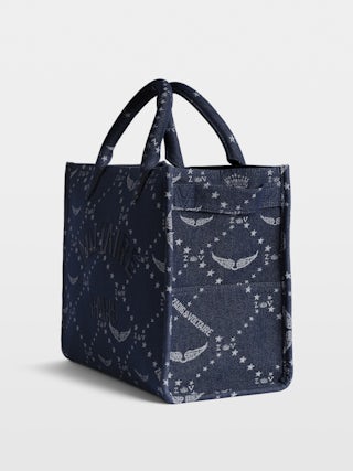 Sac Angel Tote Denim Monogram - Sac en jacquard monogramme à bandoulière en cuir et doubles anses. broderie signature voltaire.