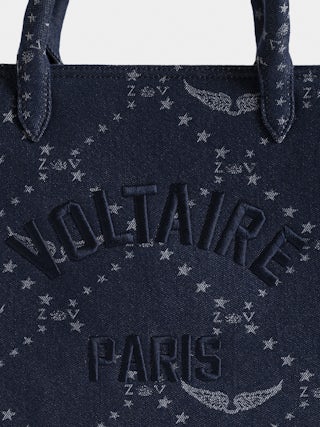 Sac Angel Tote Denim Monogram - Sac en jacquard monogramme à bandoulière en cuir et doubles anses. broderie signature voltaire.