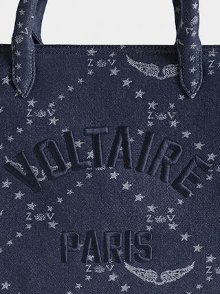 Bolso Angel Tote Denim Monogram - Bolso de jacquard con monograma con bandolera de piel y doble asa. Bordado con la firma Voltaire.