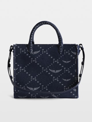 Sac Angel Tote Denim Monogram - Sac en jacquard monogramme à bandoulière en cuir et doubles anses. broderie signature voltaire.