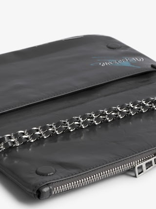 Rock Humberto Clutch - Grained leather clutch with Humberto Cruz customisation, featuring double leather and metal chains and rhinestone-embellished wings.
