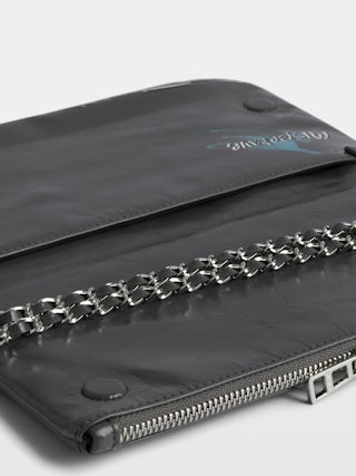 Rock Humberto Clutch - Grained leather clutch with Humberto Cruz customisation, featuring double leather and metal chains and rhinestone-embellished wings.