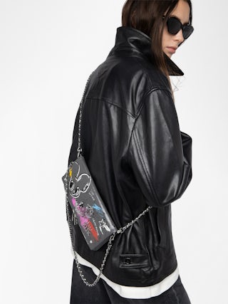 Rock Humberto Clutch - Grained leather clutch with Humberto Cruz customisation, featuring double leather and metal chains and rhinestone-embellished wings.