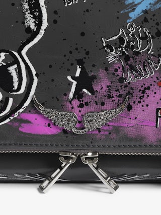 Rock Humberto Clutch - Grained leather clutch with Humberto Cruz customisation, featuring double leather and metal chains and rhinestone-embellished wings.