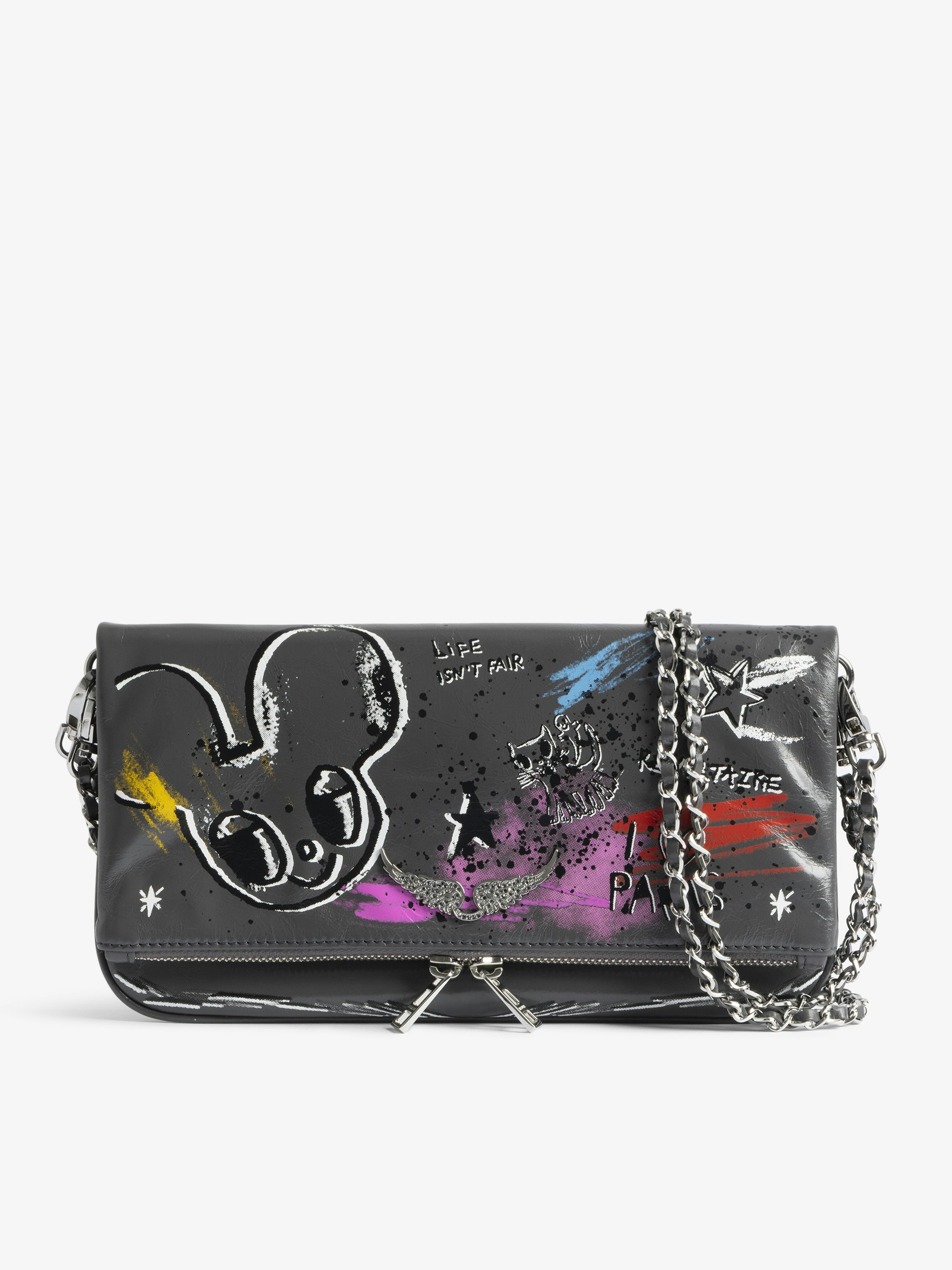 Rock Humberto Clutch - Grained leather clutch with Humberto Cruz customization, featuring double leather and metal chains and rhinestone-embellished wings.