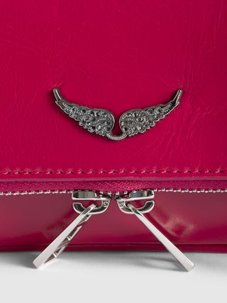 Clutch Rock Nano Vintage Patent - Clutch in vintage-effect leather with two chains, one leather-woven and one metal, and Wings signature embellished with crystals.