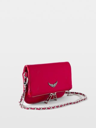 Clutch Rock Nano Vintage Patent - Clutch in vintage-effect leather with two chains, one leather-woven and one metal, and Wings signature embellished with crystals.
