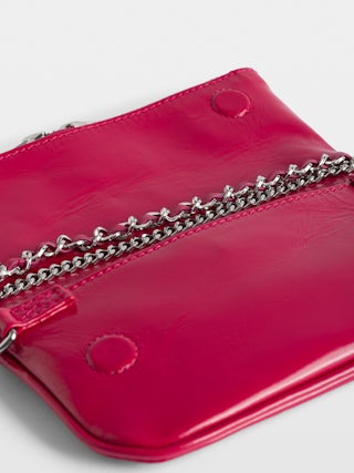 Clutch Rock Nano Vintage Patent - Clutch in vintage-effect leather with two chains, one leather-woven and one metal, and Wings signature embellished with crystals.