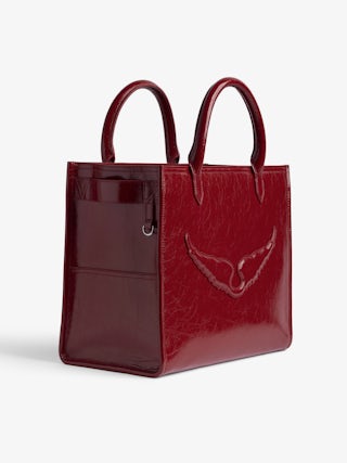 Sac Angel Tote Wrinkled Patent - Sac en cuir vintage froissé à doubles anses, bandoulière et signature ailes en relief.