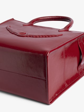 Sac Angel Tote Wrinkled Patent - Sac en cuir vintage froissé à doubles anses, bandoulière et signature ailes en relief.