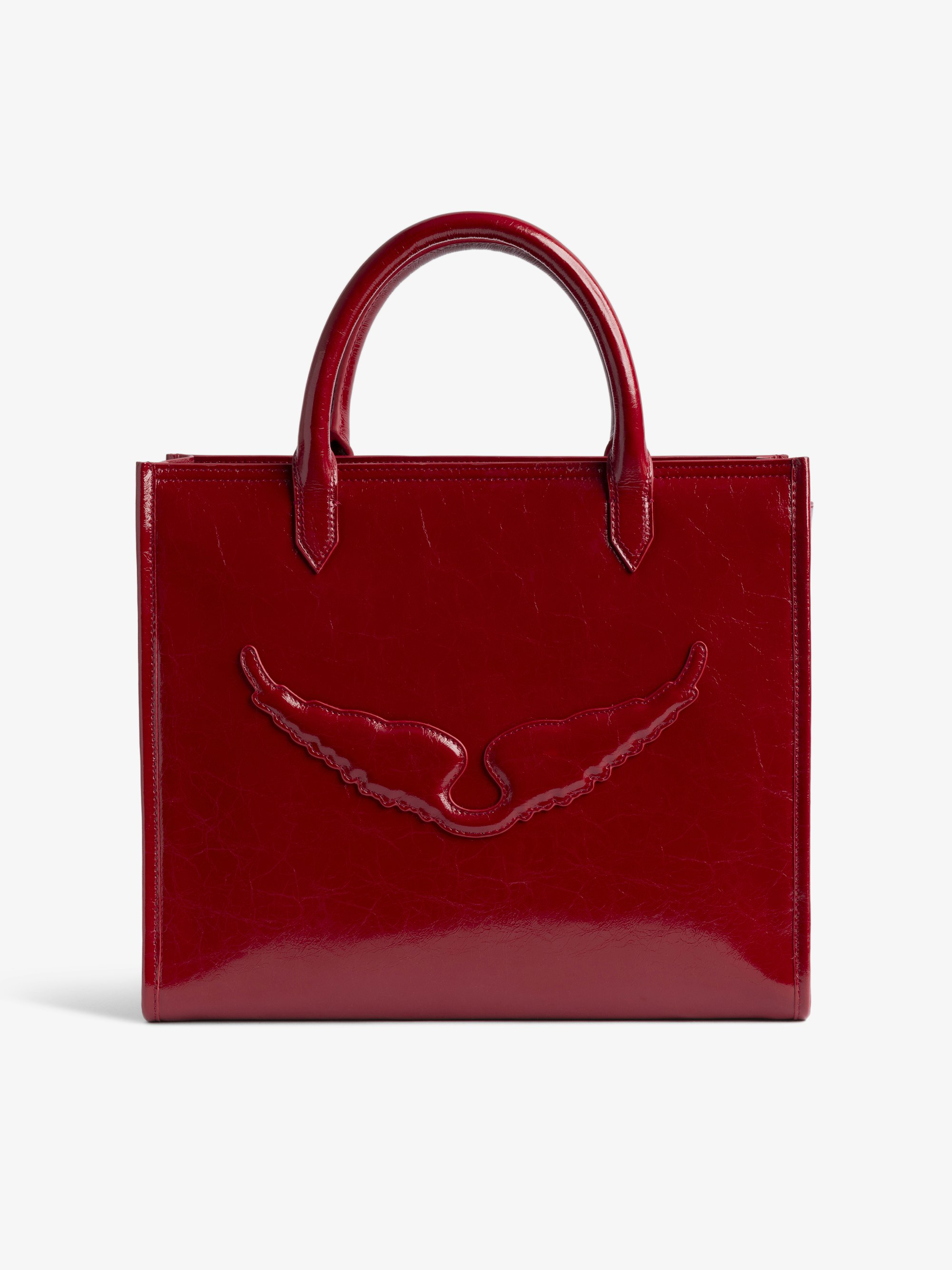 Angel Tote Bag Wrinkled Patent - Bag in crinkled vintage leather with double handles, shoulder strap and embossed wings signature.