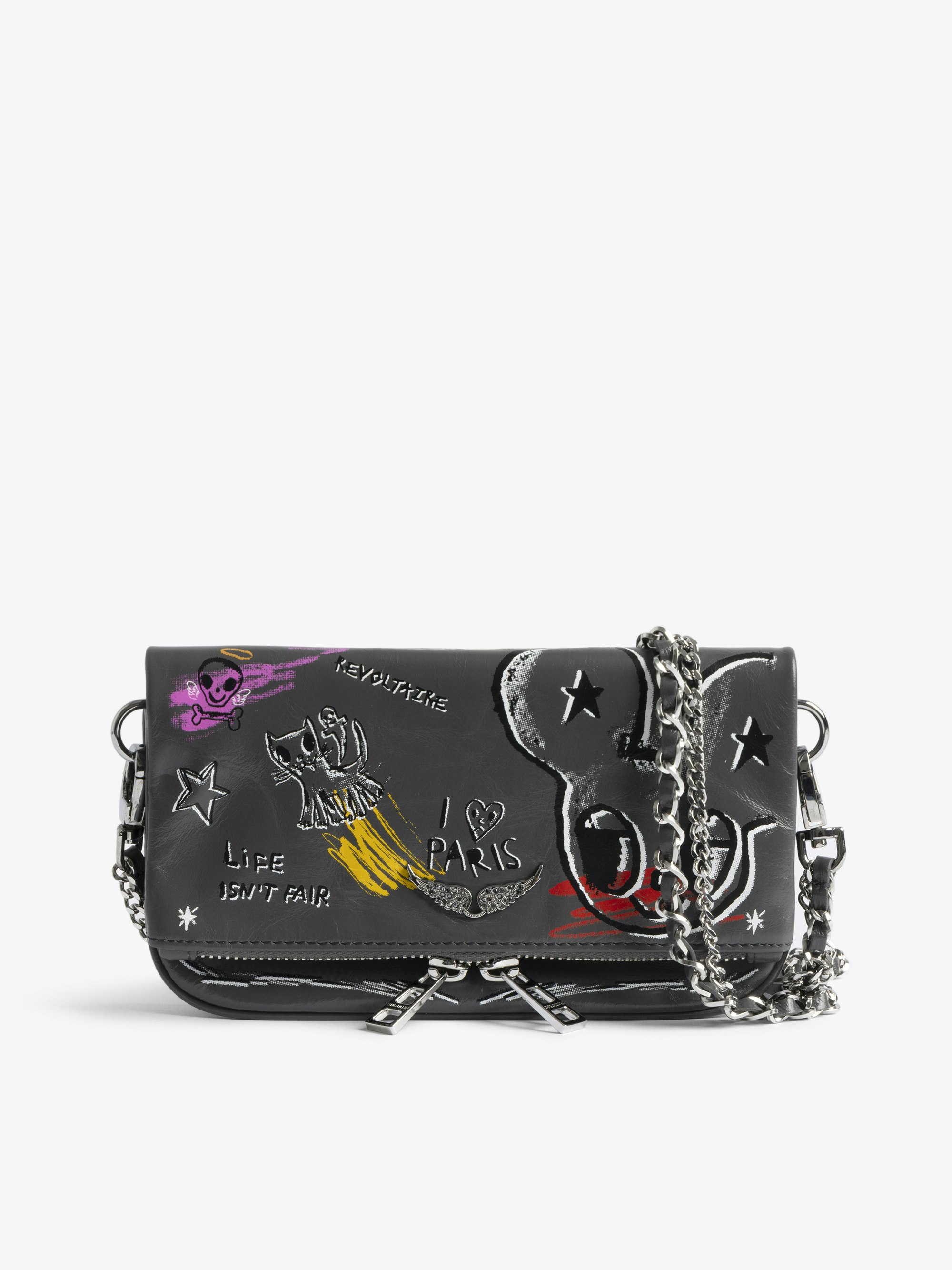 Rock Nano Humberto Clutch - Grained leather clutch with Humberto Cruz customization and signature wings adorned with rhinestones.