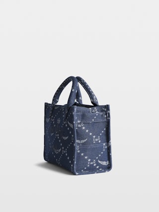 Bolso Angel Tote XS Monograma Denim - Bolso pequeño de jacquard monograma con bandolera de piel y doble asa. Bordado firma Voltaire.