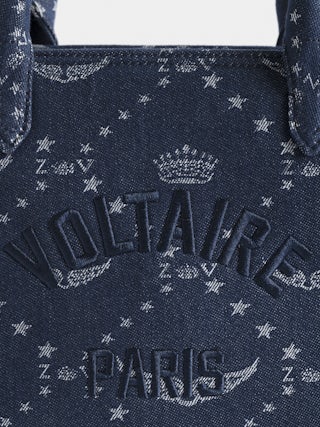 Bolso Angel Tote XS Monograma Denim - Bolso pequeño de jacquard monograma con bandolera de piel y doble asa. Bordado firma Voltaire.