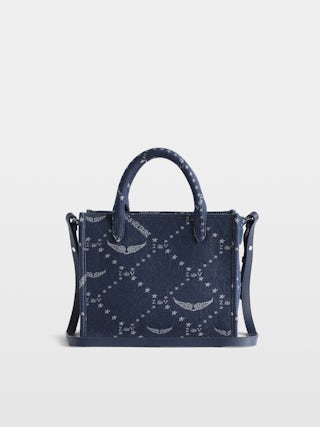 Bolso Angel Tote XS Monograma Denim - Bolso pequeño de jacquard monograma con bandolera de piel y doble asa. Bordado firma Voltaire.