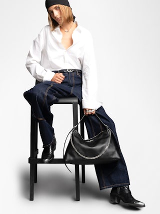 Jim Bag - Soft grained leather bag adorned with a chain and rhinestone wing.