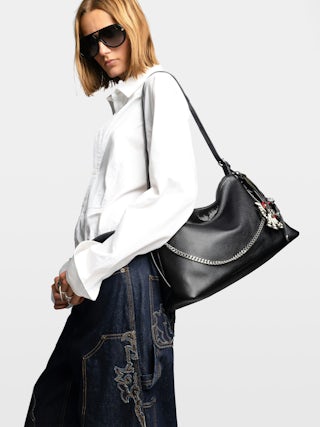 Jim Bag - Soft grained leather bag adorned with a chain and rhinestone wing.