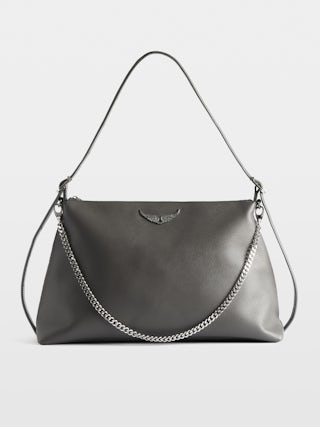 Borsa Jim - Borsa morbida in pelle martellata ornata con catena e ala con strass.