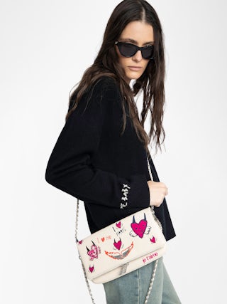 Rock Bloomy Clutch - Clutch in grained leather with double leather and metal chains and customized designs by Humberto Cruz.