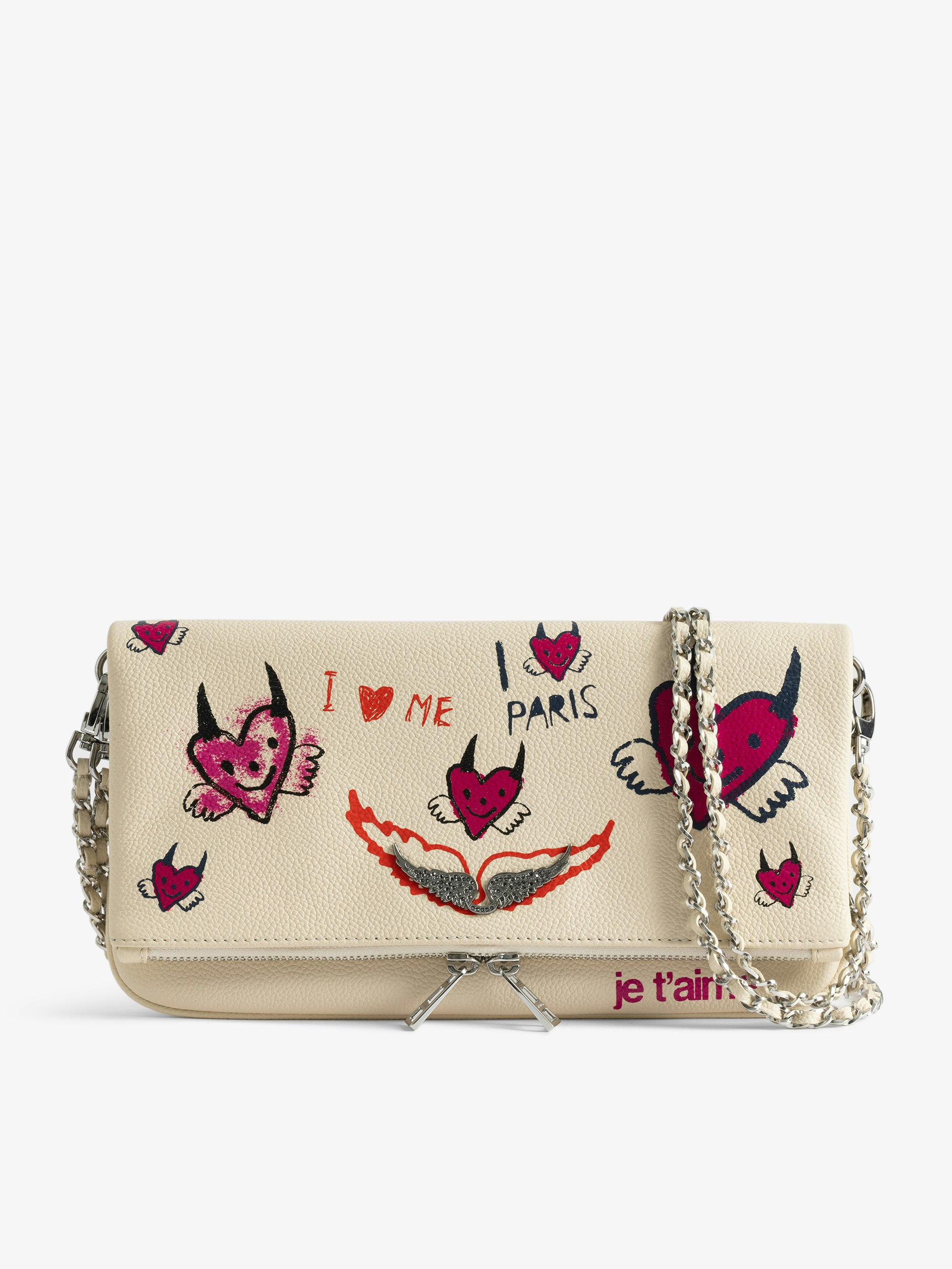 Rock Bloomy Clutch - Clutch in grained leather with double leather and metal chains and customized designs by Humberto Cruz.