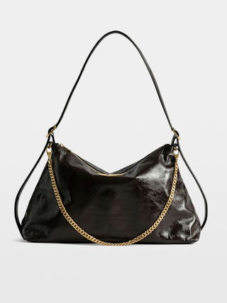 Jim Vintage Patent Bag - Soft leather bag with vintage effect adorned with a chain and a rhinestone wing.