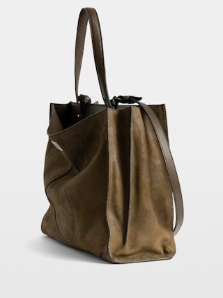 Jack Suede Bag - Suede leather bag with signature clasp, featuring two compartments, one handle and adjustable strap.