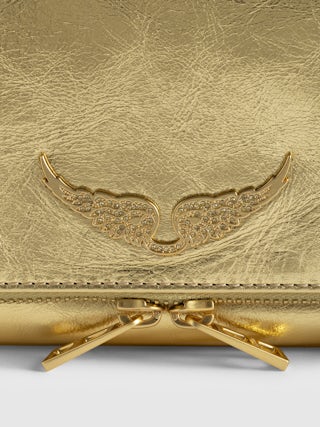 Clutch Rock Vintage Metal - Clutch in metallised leather with two leather-and-metal chains and wings embellished with rhinestones.