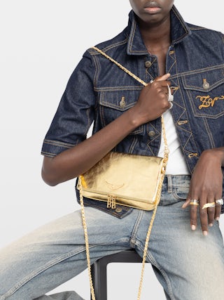 Clutch Rock Vintage Metal - Clutch in metallised leather with two leather-and-metal chains and wings embellished with rhinestones.