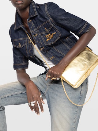 Clutch Rock Vintage Metal - Clutch in metallised leather with two leather-and-metal chains and wings embellished with rhinestones.