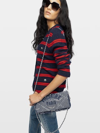 Clutch Rock Denim Monogram - Monogram jacquard with leather shoulder strap and chains voltaire signature embroidery.