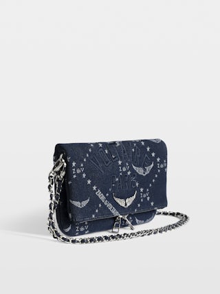 Clutch Rock Denim Monogram - Monogram jacquard with leather shoulder strap and chains voltaire signature embroidery.