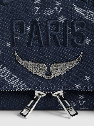 Clutch Rock Denim Monogram - Monogram jacquard with leather shoulder strap and chains voltaire signature embroidery.