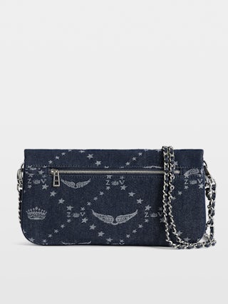 Clutch Rock Denim Monogram - Monogram jacquard with leather shoulder strap and chains voltaire signature embroidery.