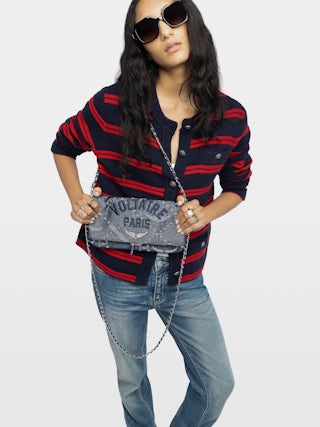 Clutch Rock Denim Monogram - Monogram jacquard with leather shoulder strap and chains voltaire signature embroidery.