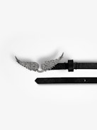Rock Belt - Women’s black belt with rhinestone wings buckle.