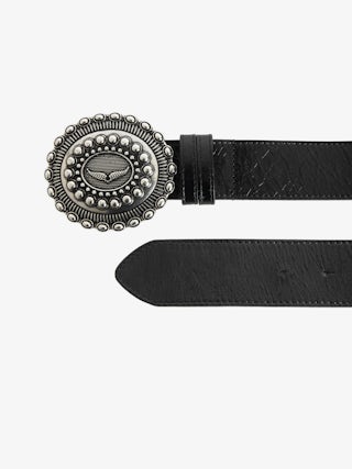 Santa Fe Belt - 40mm wide belt in black vintage-effect leather with wing signature on western-style buckle.