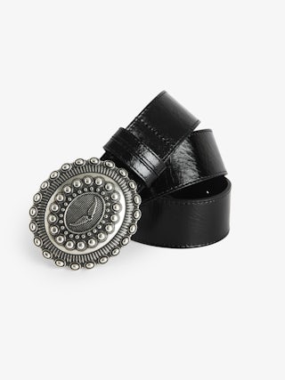 Santa Fe Belt - 40mm wide belt in black vintage-effect leather with wing signature on western-style buckle.