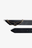 Borderline Belt - Women’s black leather belt with wings charm.