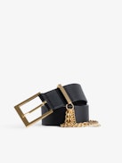Gürtel Rock Chain - Schwarzer Ledergürtel mit dreifacher Kette und Flügel-Charm für Damen.