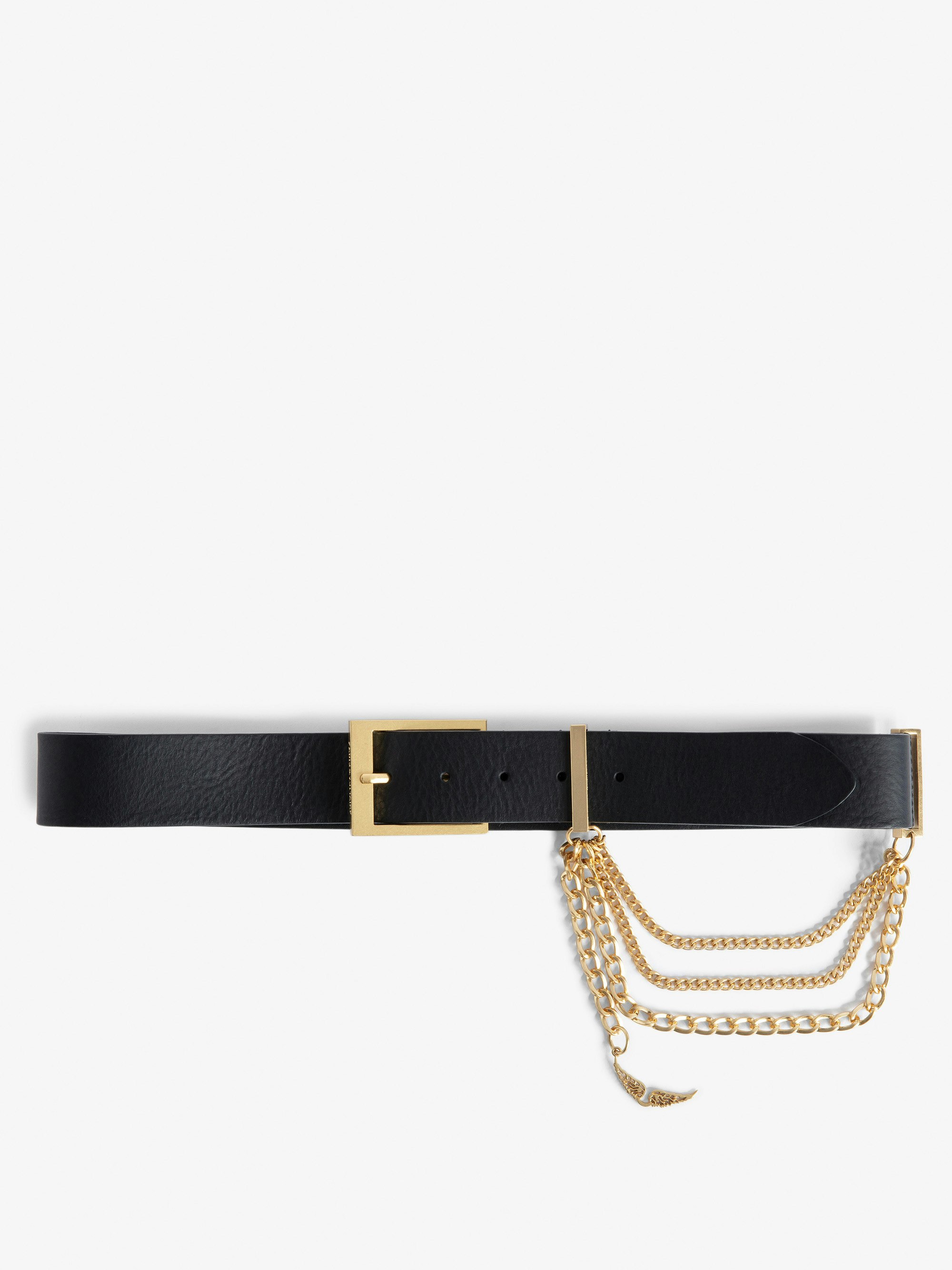 Rock Chain Belt - Women black leather belt with triple chain and wings charm.