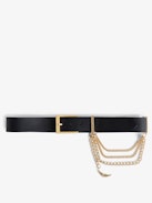 Gürtel Rock Chain - Schwarzer Ledergürtel mit dreifacher Kette und Flügel-Charm für Damen.