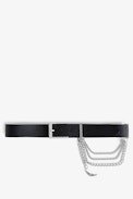 Gürtel Rock Chain Glossy Wild - Schwarzer Gürtel aus glänzendem Leder mit Python-Effekt, dreifacher Kette und Flügel-Charm für Damen.