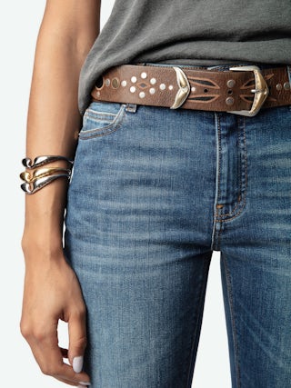 Jane Belt - Vintage leather belt with engraved patterns, studs and signature wing buckle.