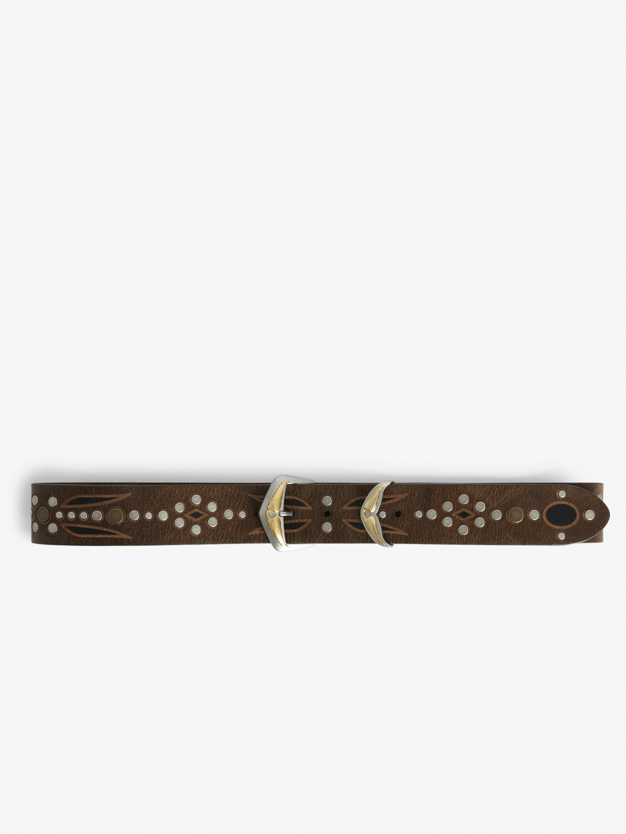 Cintura Jane - Cintura in pelle marrone vintage decorata con motivi incisi, borchie e fibbia con ali distintive.