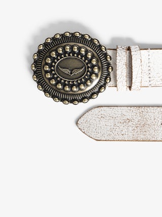 Santa Fe Belt - 40mm wide belt in white crackled-effect leather with wing signature on the western-style buckle.