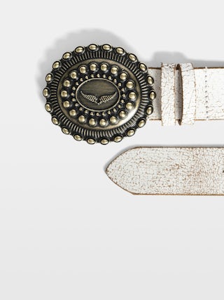 Santa Fe Belt - 40mm wide belt in white crackled-effect leather with wing signature on the western-style buckle.