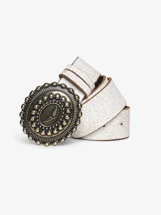 Santa Fe Belt - 40mm wide belt in white crackled-effect leather with wing signature on the western-style buckle.