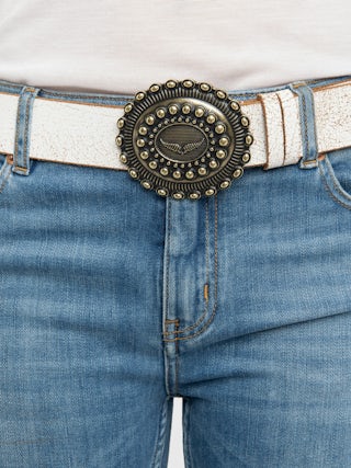 Santa Fe Belt - 40mm wide belt in white crackled-effect leather with wing signature on the western-style buckle.